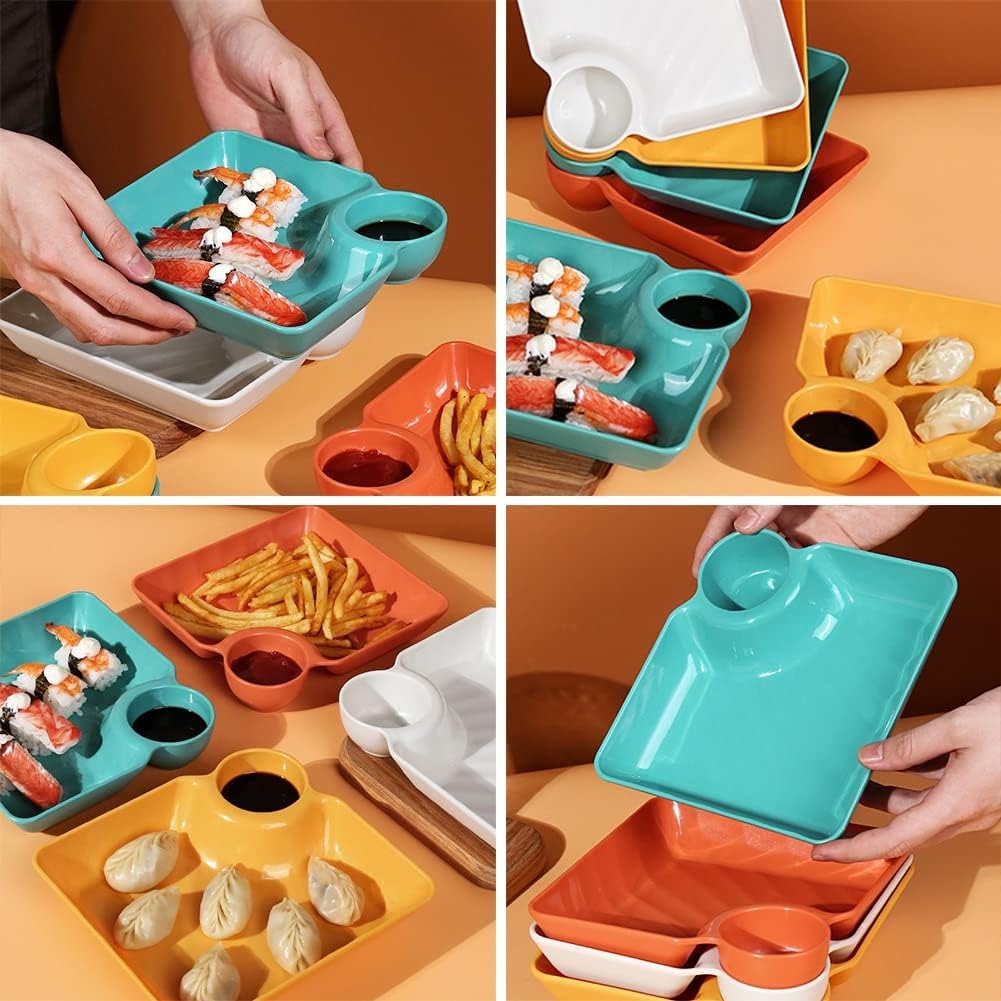 4-Piece Colorful Serving Platter Set – BPA-Free Snack, Sushi, Appetizer & Dessert Plates with Built-in Dipping Bowls for Parties & Everyday Use (Random Color)