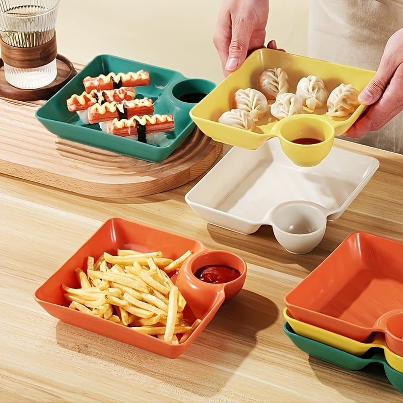 4-Piece Colorful Serving Platter Set – BPA-Free Snack, Sushi, Appetizer & Dessert Plates with Built-in Dipping Bowls for Parties & Everyday Use (Random Color)