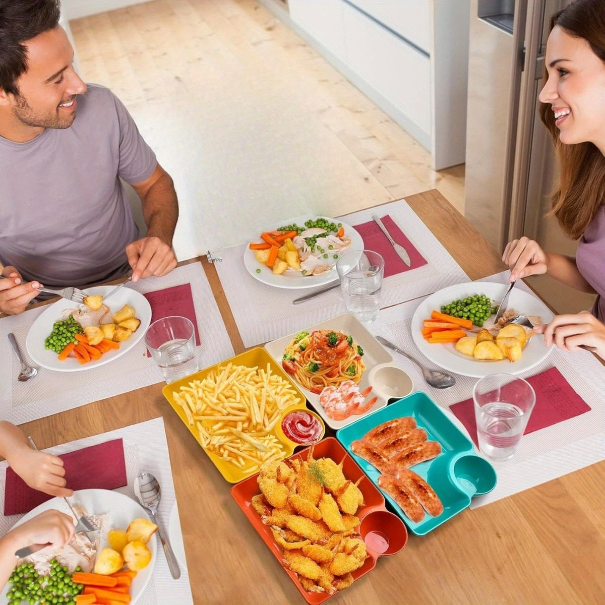 4-Piece Colorful Serving Platter Set – BPA-Free Snack, Sushi, Appetizer & Dessert Plates with Built-in Dipping Bowls for Parties & Everyday Use (Random Color)
