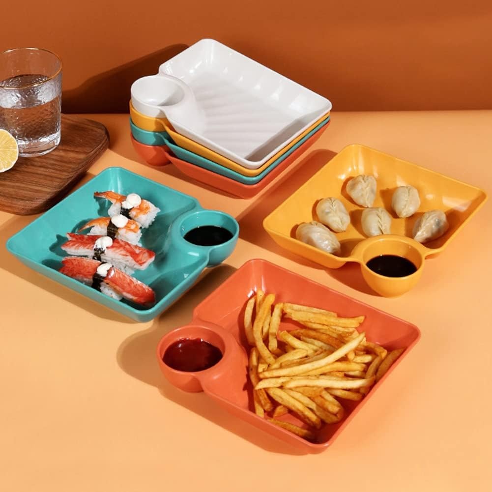4-Piece Colorful Serving Platter Set – BPA-Free Snack, Sushi, Appetizer & Dessert Plates with Built-in Dipping Bowls for Parties & Everyday Use (Random Color)