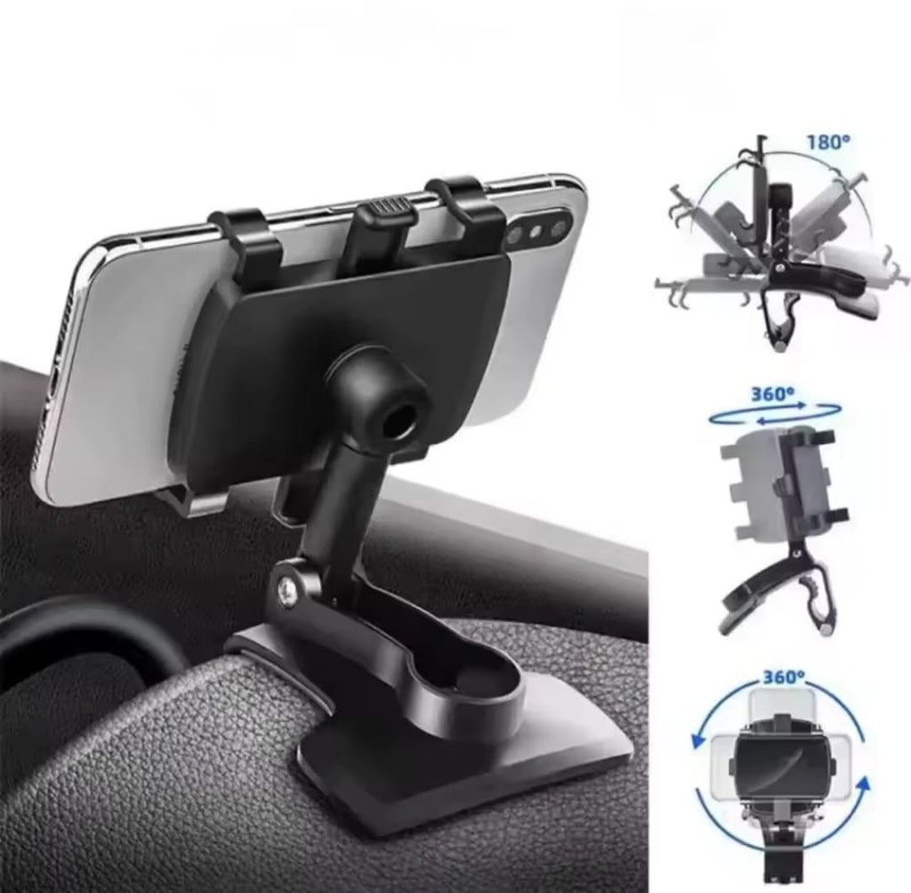 Dashboard Car Phone Holder ABS – 360° Rotatable Mobile Phone Sun Visor & Rear View Mirror Mount Support for Smartphones