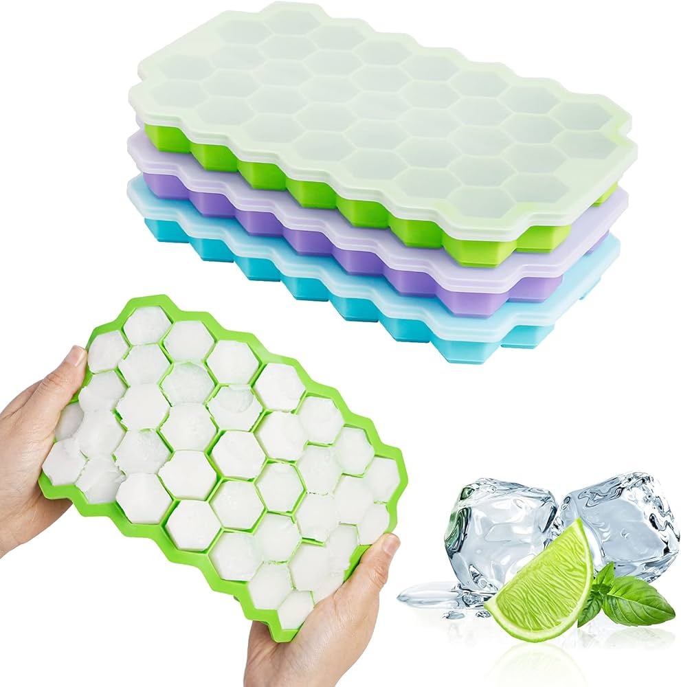 Silicon Ice Cube Tray With Lid | 36-Cube Honeycomb Shape Ice Mold | Durable Freezer Tray With Cover | Random Color
