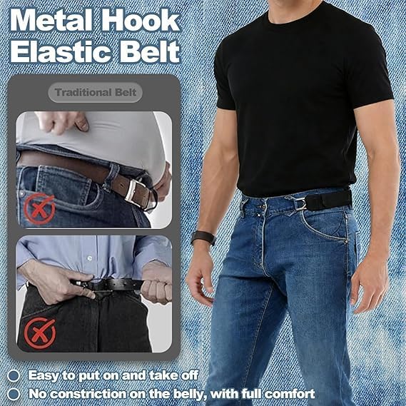 Adjustable Buckleless Elastic Waist Belt With Metal Hooks For Jeans, Dress Pants And Casual Wear