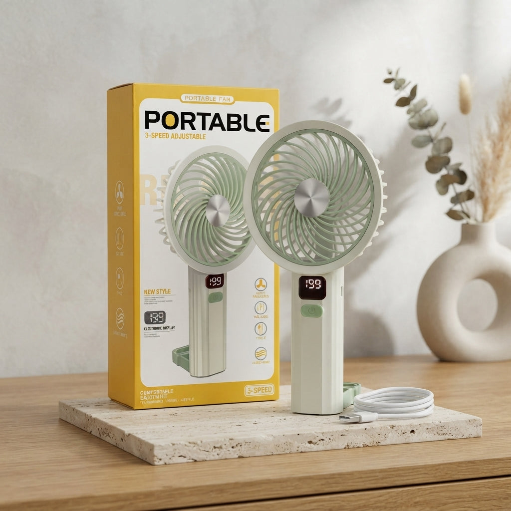 Portable Handheld Turbo Fan with LED Display – 3-Speed Rechargeable Cooling Fan for Home & Travel